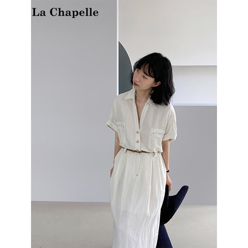 拉夏貝爾（La Chapelle）2025夏季新款老錢(qián)風(fēng)裙子亞麻女裝夏感短袖連衣裙女夏休閑長(cháng)裙 亞麻色（配棕色皮帶） S