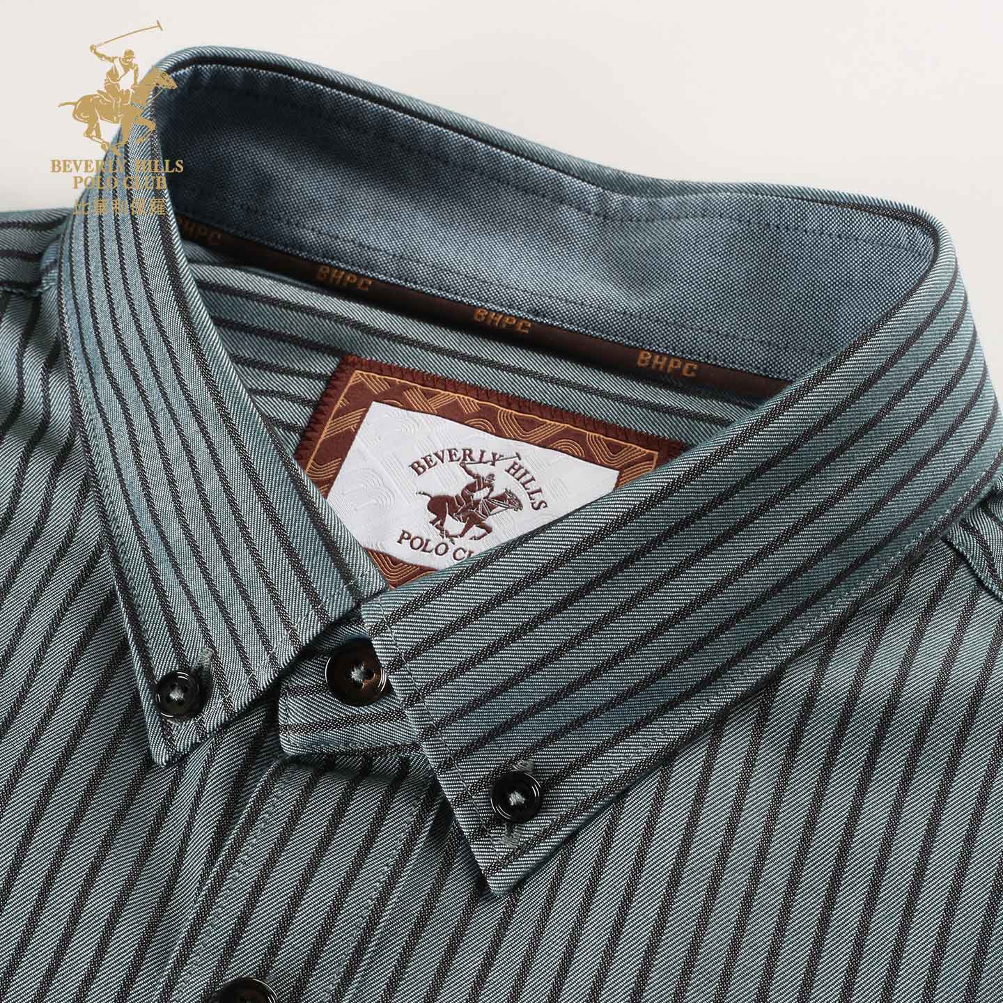 比华利保罗【易打理】秋冬季新款男士轻商务条纹长袖衬衣绿色245122086 绿色 2XL