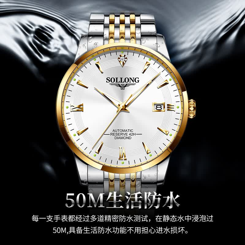 瑞士正品浪Lonleng琴男士全自动机械表防水夜光时尚专用名牌男表 旗舰升级版-全黑黑面 送皮带