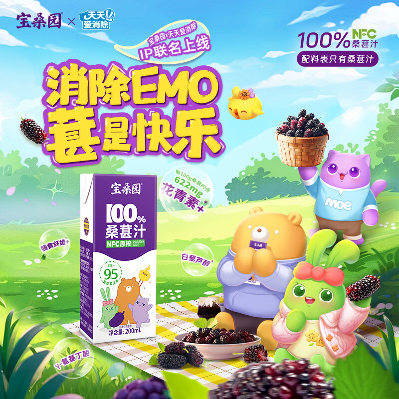 宝桑园100%NFC桑葚汁200ml*12盒 果蔬汁健康饮料 200ml*12盒