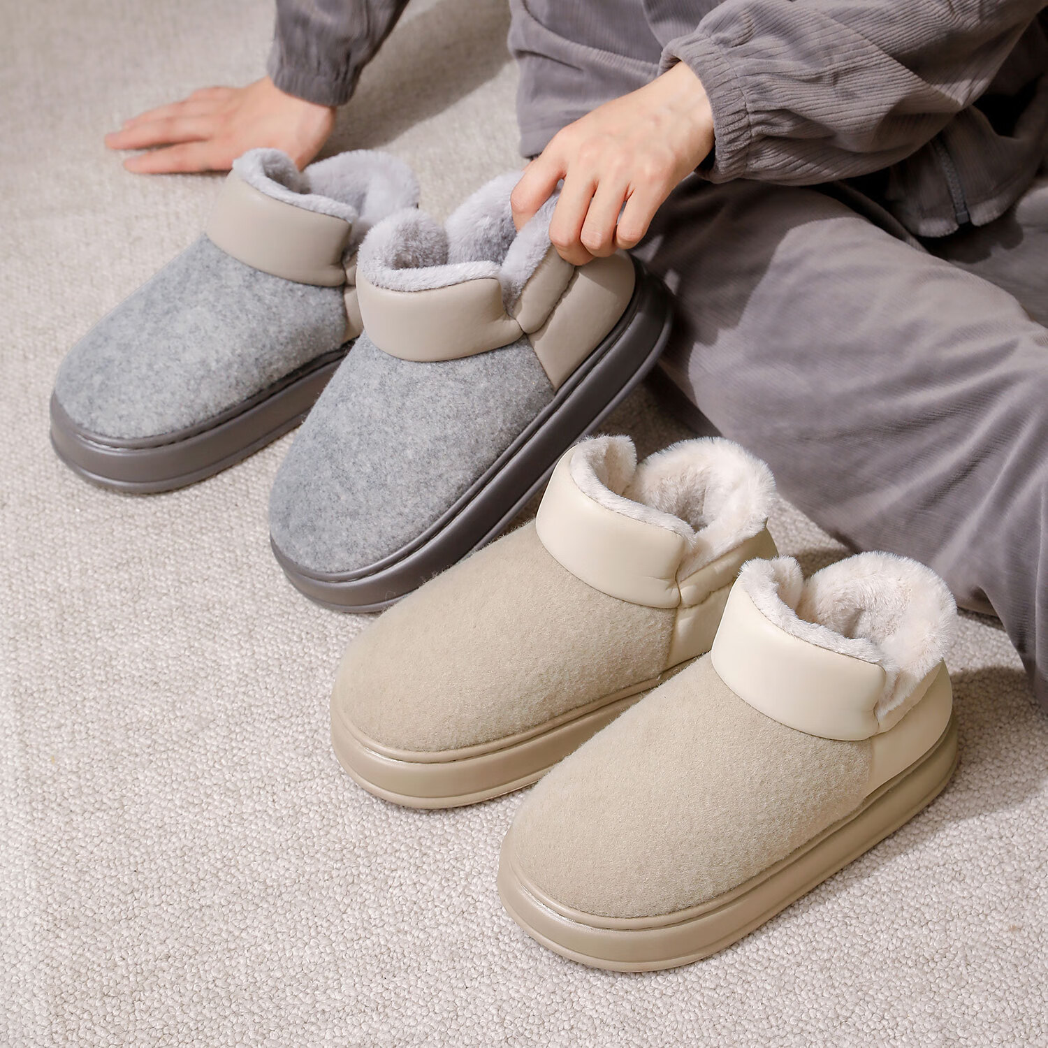 海澜之家（HLA）高帮保暖全包跟棉拖鞋男士秋冬季新款家居加厚毛绒保暖情侣棉鞋 烟灰色 44-45 【适合43-44码脚】