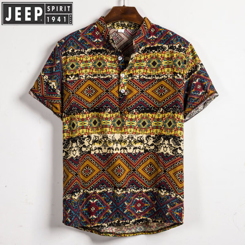 JEEP SPIRIT男士polo短袖衬衫2025夏季新款大码男士碎花短袖衬衫夏装宽松上衣 图色 M