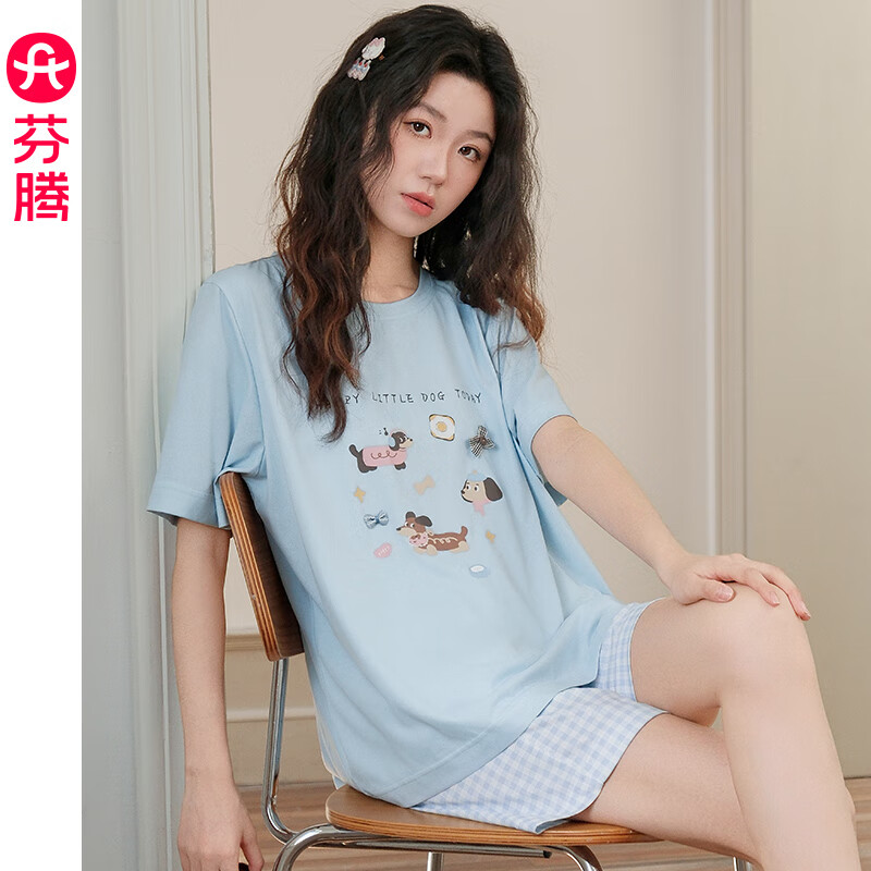 芬腾睡衣女夏季新款薄款短袖短裤甜美可爱少女大码家居服夏天套装 FX26921557冰兰 S 建议：70-90斤 48.1元（需用券）