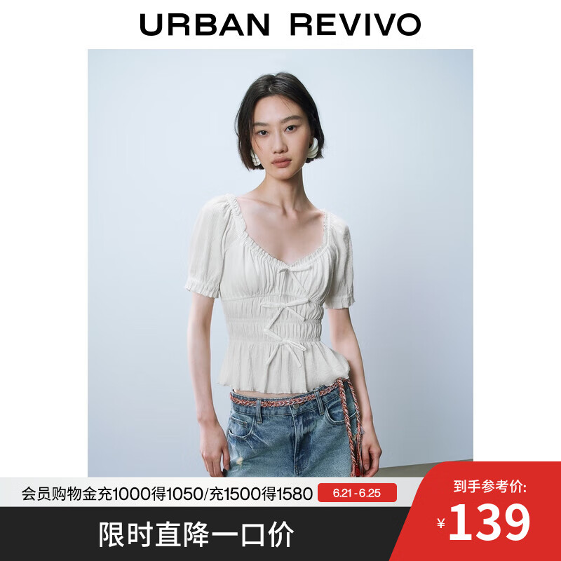 UR2025夏季新款女装蝴蝶结系带泡泡袖罩衫衬衫UYL250071 本白 M