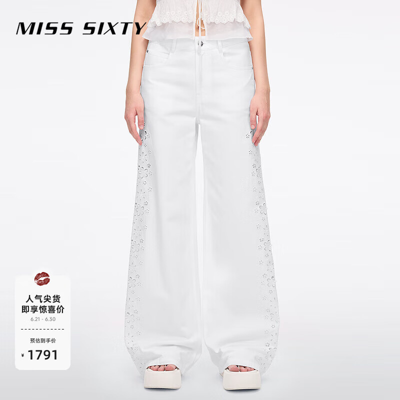MISS SIXTY2025夏季新款牛仔裤女镂空刺绣波西米亚度假风阔腿裤 白色 L