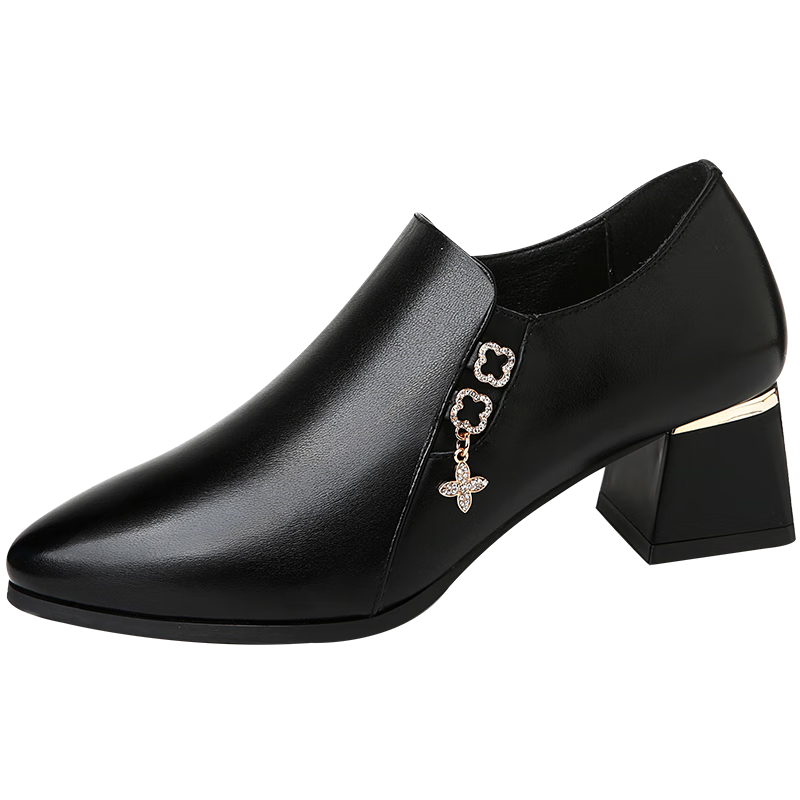 富貴鳥(niǎo)真皮牛皮高跟鞋女士尖頭粗跟單鞋黑色工作鞋 單里4.5cm 39