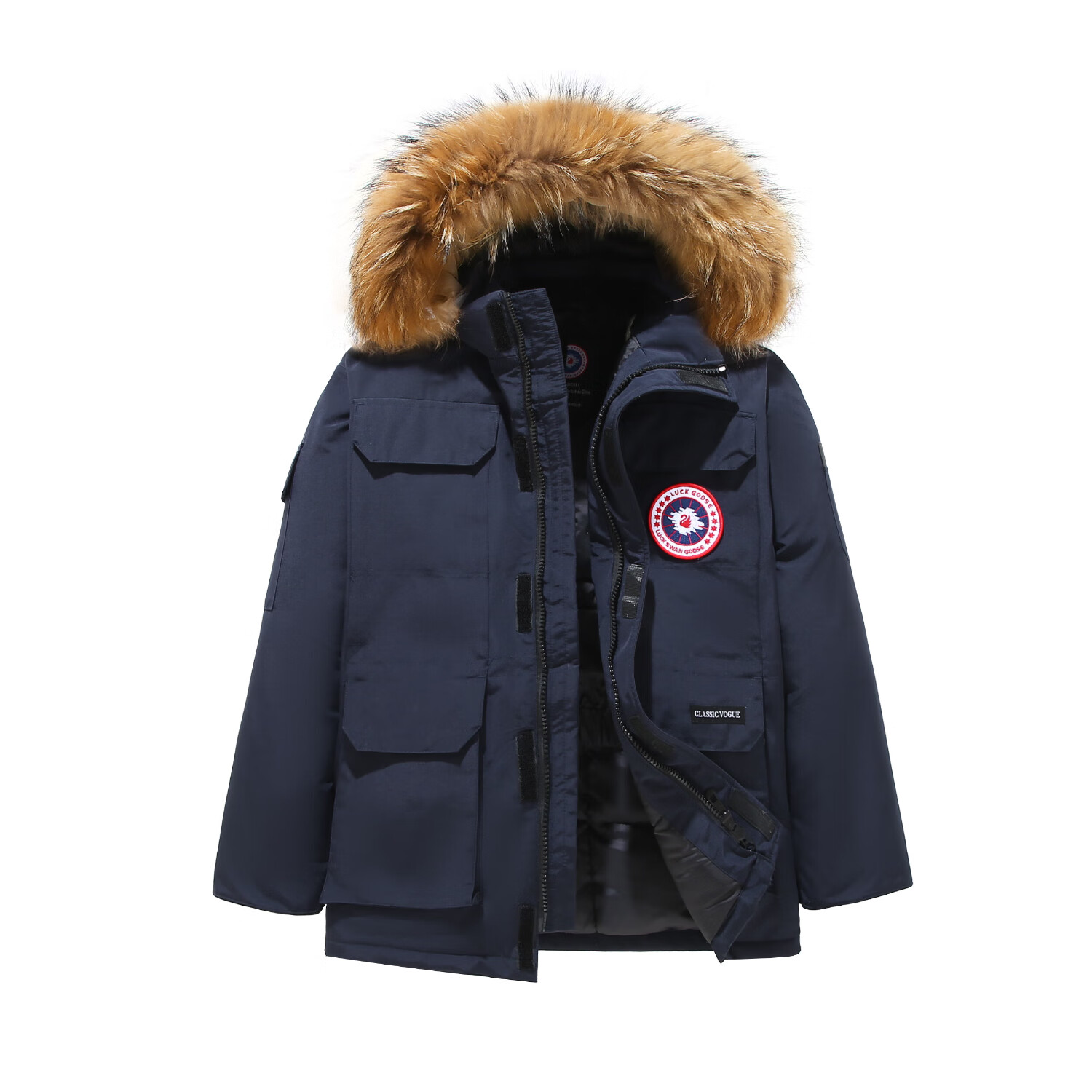 LUCK SWAN GODSE极寒羽绒服男中长款派克服女士户外运动工装大衣加厚保暖棉服外套 藏青色-加拿大08远征大鹅风格 高绒加厚款 2XL 【建议体重：140-160斤】-情侣同款