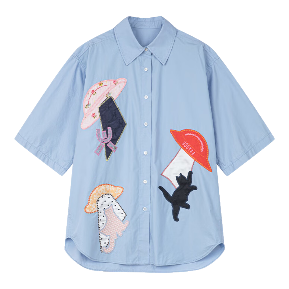 UOOYAA/烏丫2025夏季新款「飛碟吸貓」貼布刺繡襯衫 藍(lán)色 M