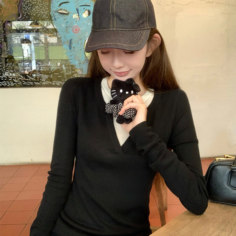俞兆林针织衫女春秋季2025新款外穿V领修身显瘦内搭打底衫假两件上衣女 黑色 【柔软亲肤遮肉显瘦】 均码 【适合80-140斤】