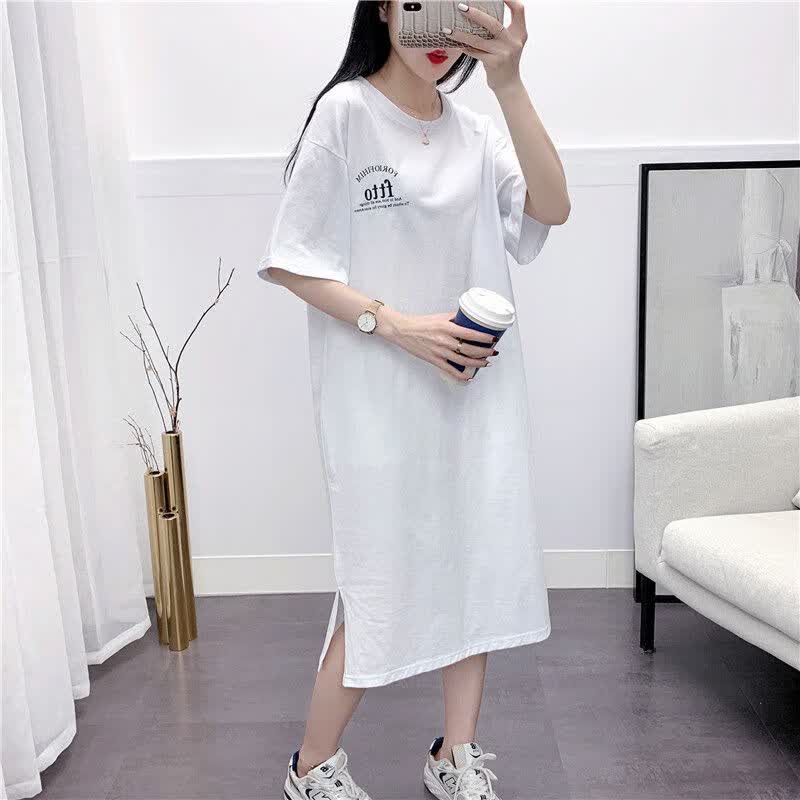 雅尔索孕妇装哺乳装短袖夏装产后过膝长款连衣裙家居服喂奶衣月子服外穿 白色 M