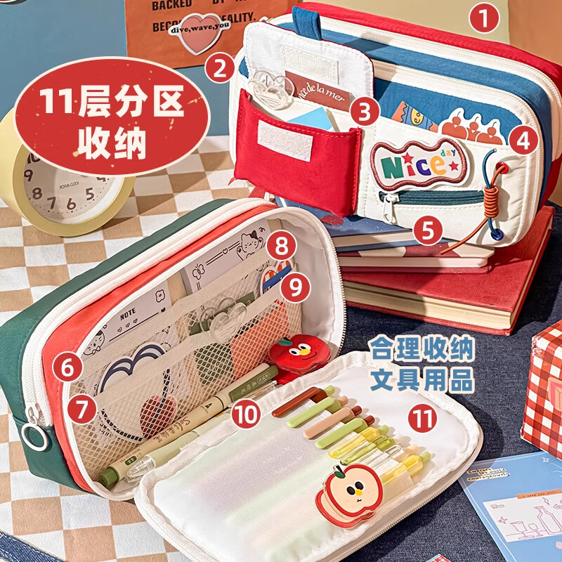 三年二班11层 复古撞色大容量笔袋女孩文具盒高颜值ins风铅笔盒小学生初中生专用文具袋男孩款笔盒文具礼物 酒红—撞湖蓝