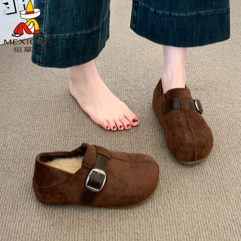 稻草人（MEXICAN）厚底内增高两穿勃肯鞋女款2026新款秋冬季加绒加厚保暖棉鞋子女鞋 棕色 38