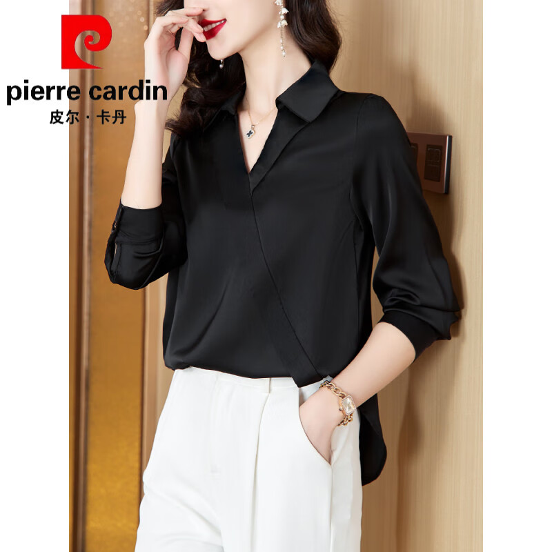 皮尔卡丹(pierre cardin)高端品牌醋酸衬衣女长袖真丝白色衬衫秋装新款设计感小众别致打底 皮尔卡丹 黑色 2XL