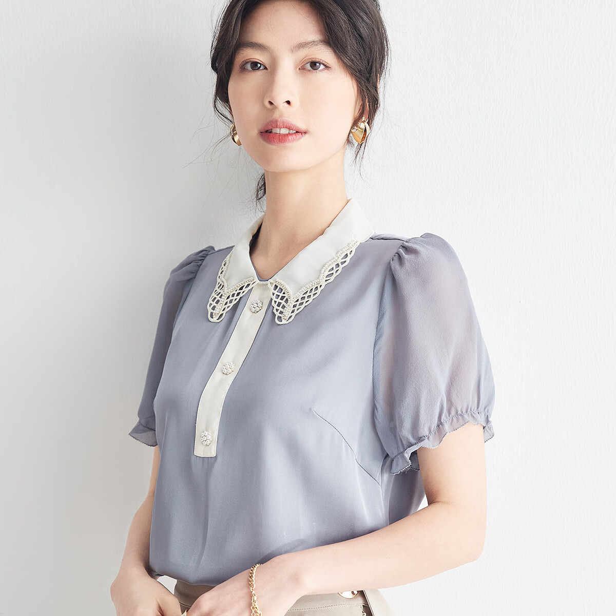 帕罗夏季新款百搭真丝短袖t恤女时尚设计感小众蕾丝边泡泡袖上衣 灰色 L 165/88A