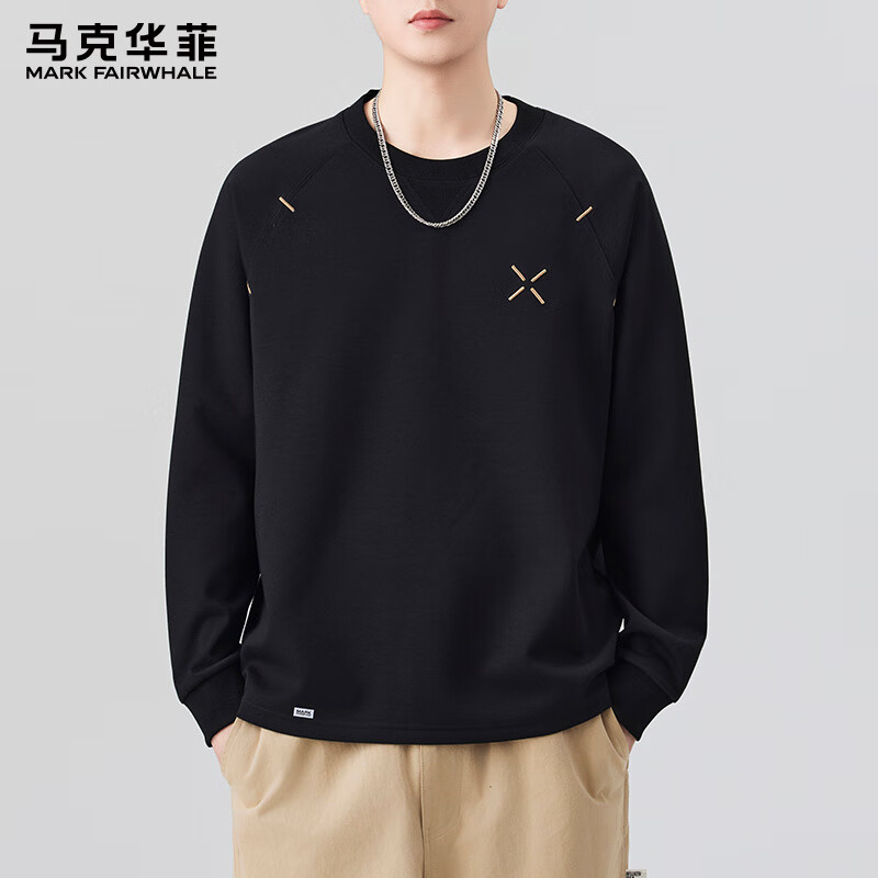 马克华菲（MARK FAIRWHALE）美式复古休闲长袖T恤男士2026秋季新款宽松简约百搭时尚高端上衣 黑色  常规 M 【建议100-120斤】