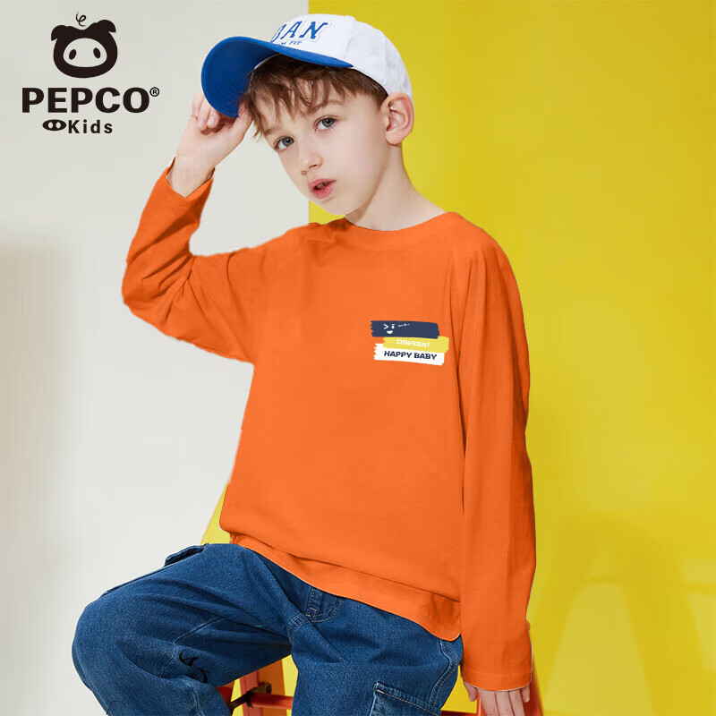 小猪班纳儿童长袖t恤男女童春秋款2025新款小男女孩上衣纯棉圆领打底衫 橙J17快乐宝贝K 150 （建议身高140-150CM）