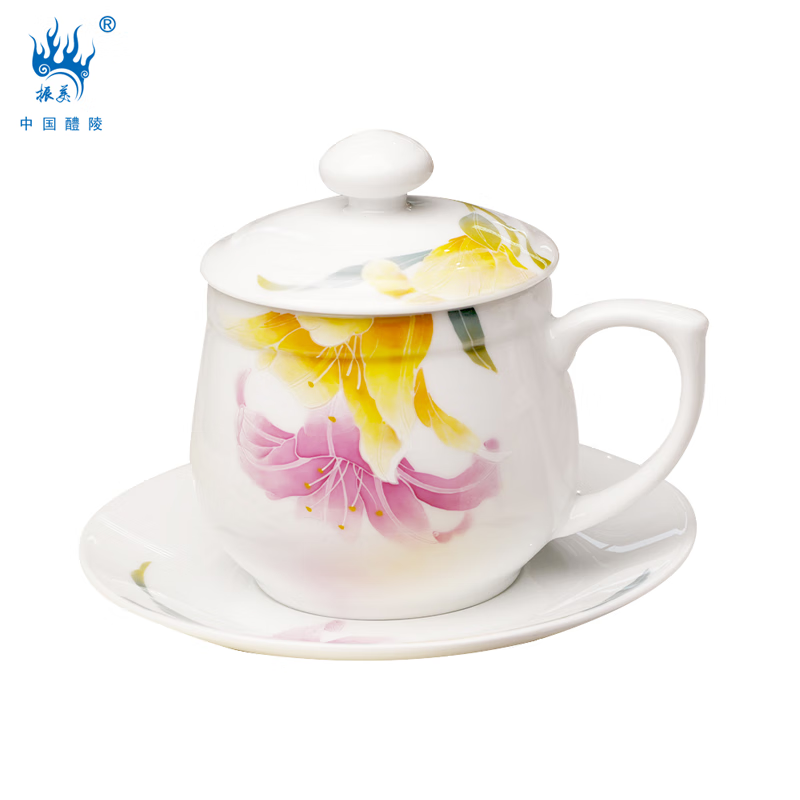 振美美人杯醴陵陶瓷马克杯办公室喝茶杯咖啡杯 喝水杯子女士 伴手礼物 美人单碟单杯400ml