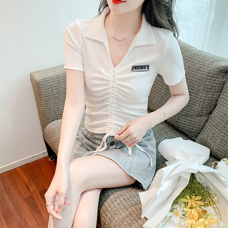 露脐上衣气质短袖女生夏天穿的2022夏新款高腰抽绳v领短袖t恤女修身显