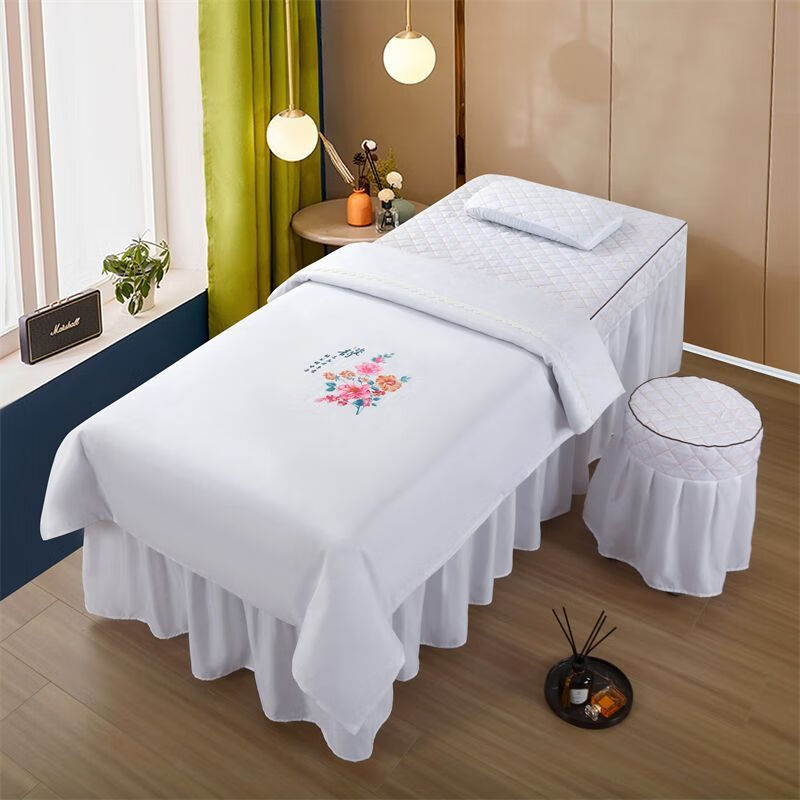 嘉枝鹿美容床四件套加厚美容院專(zhuān)用床罩按摩四季宿舍通用床裙床套帶洞 瓷韻-白色 方頭:190*80[四件套]