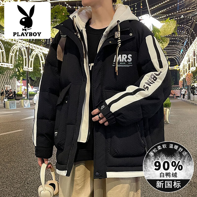 花花公子羽绒服男冬季新款工装休闲宽松港风潮牌加厚外套男装防寒衣服 6303黑色 3XL