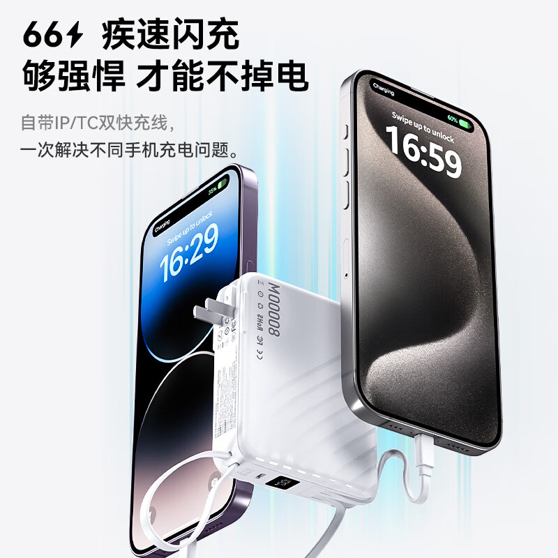 超级马 直营【3C认证｜可上飞机】支持超级快充自带线充电宝AC插头大容量20000毫安移动电源适用苹果小米 皓月白+5.0标准快充+优质电芯 3C认证【全国当日/次日达】可上飞机高铁