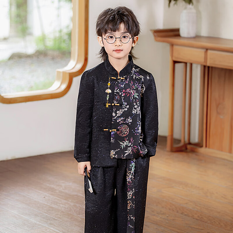 蘿卜唄唄新款兒童禮服新中式唐裝漢服套裝印花盤(pán)扣國(guó)風(fēng)古風(fēng)主持演出表演服 黑色上衣+長(zhǎng)褲+吊墜 130 建議體重45-54斤