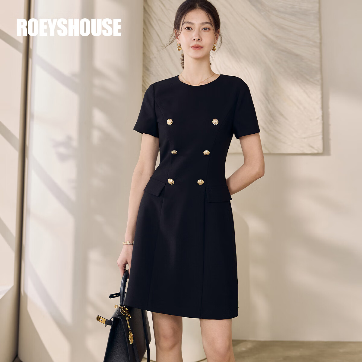 ROEYSHOUSE罗衣气质黑色收腰连衣裙女2025夏季新款高级修身A字中长裙12046 黑色 XL