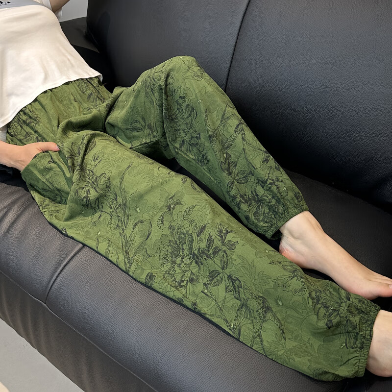 加长大码棉绸睡裤女士夏季薄款人造绵绸可外穿家居碎花长裤子宽松 绿色丛林 束脚款 2XL 裤长98 体重90-150斤