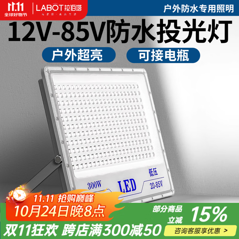 拉伯塔低压LED投光灯船用直流电瓶车12V24V36V50W100W200W户外防水射灯 50W白光