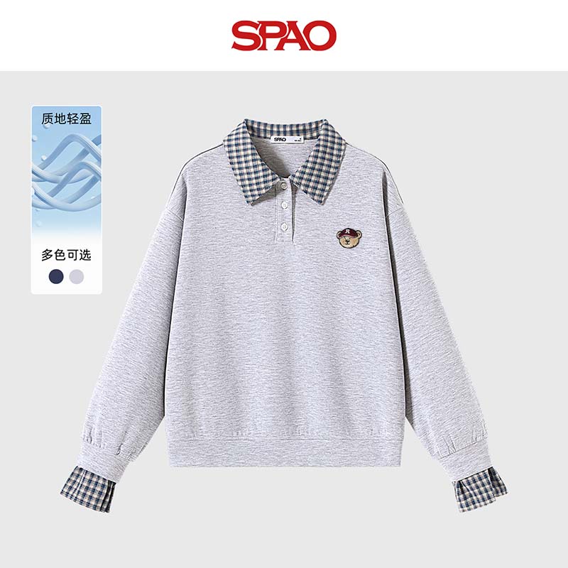 SPAO时尚翻领假两件卫衣男女2025年秋季宽松落肩百搭上衣SPWY25AW07XY 麻灰#SP红帽子熊-贴布绣 XL