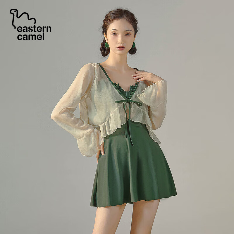东方骆驼连体游泳衣女ins长袖夏季新款2025保守遮肚显瘦泡温泉感 绿色含外套 S 建议体重70-90斤