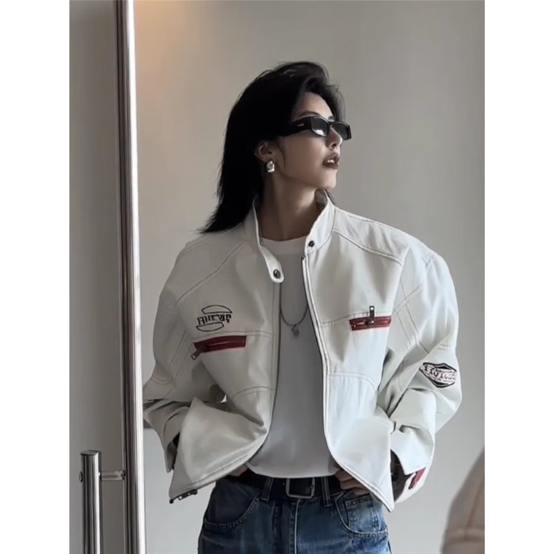 POUM男装美式高街PU皮衣机车外套男女春秋冬款宽松短款刺绣潮牌夹克 YRFS-W195白色 XL 【身高175-180体重60-70】