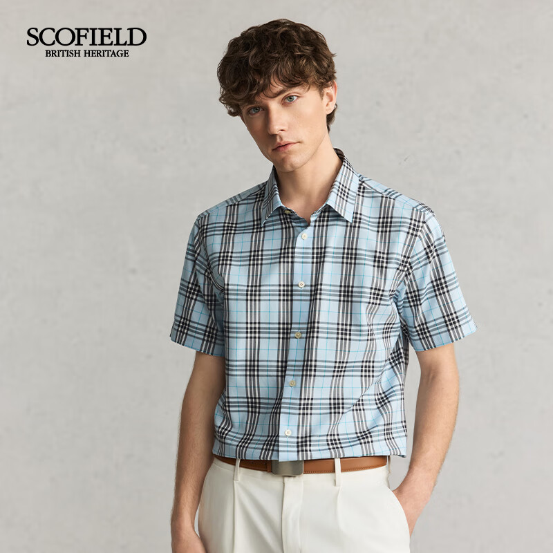 Scofield男士25夏季新品舒适棉质时尚休闲通勤经典格纹短袖衬衫 蓝色 L (175)