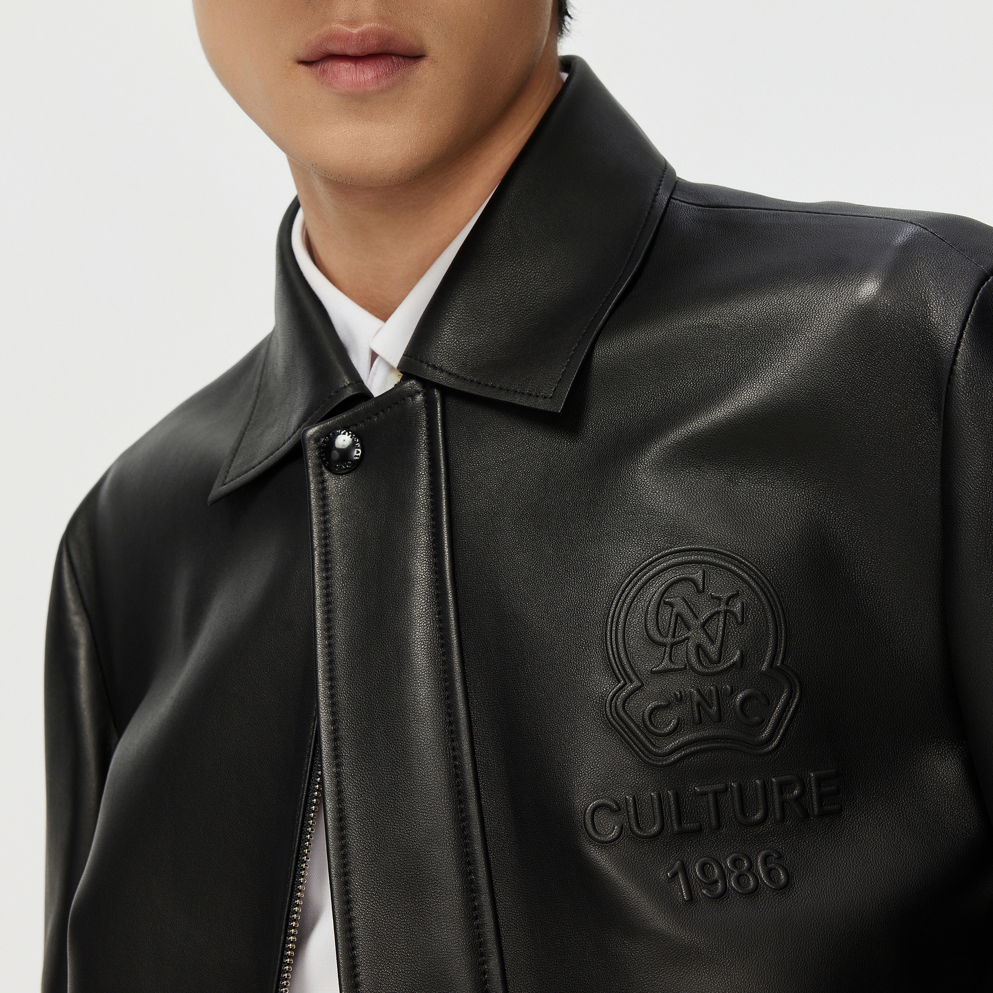 C'N'C【轻奢男装】CNC25秋新款翻领皮衣外套品牌压凸logo夹克男 黑色 54 /XL/(185/100A)