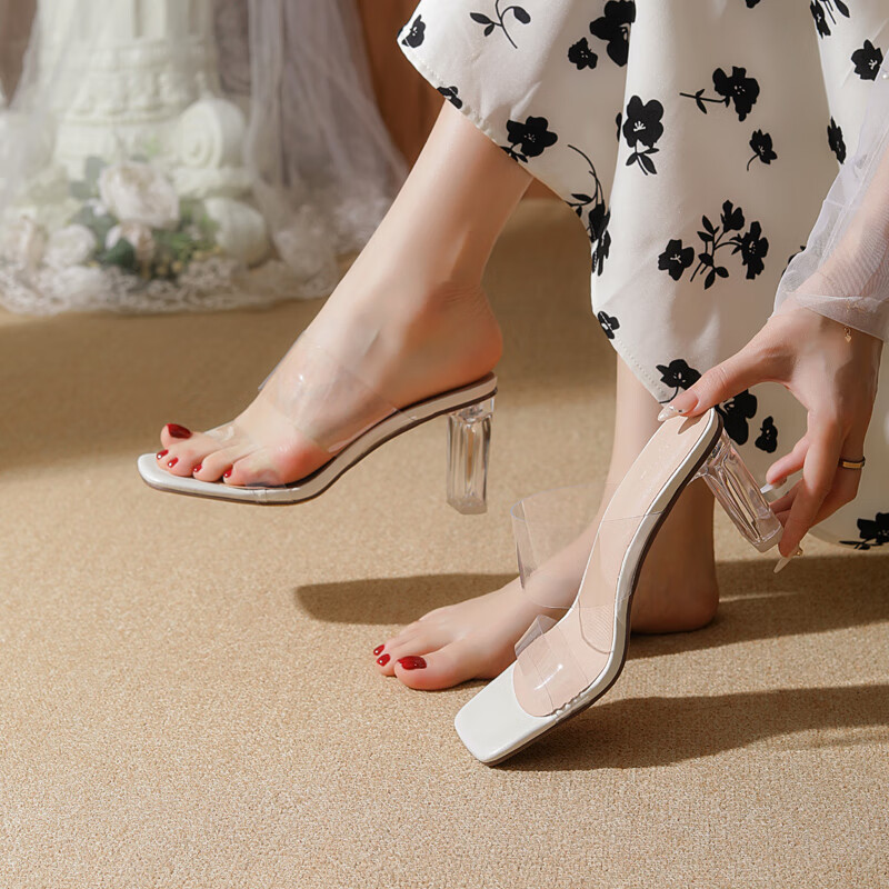 透明软玻璃凉鞋仙女清凉拖鞋女外穿水晶高跟鞋粗跟脚宽胖大码女鞋
