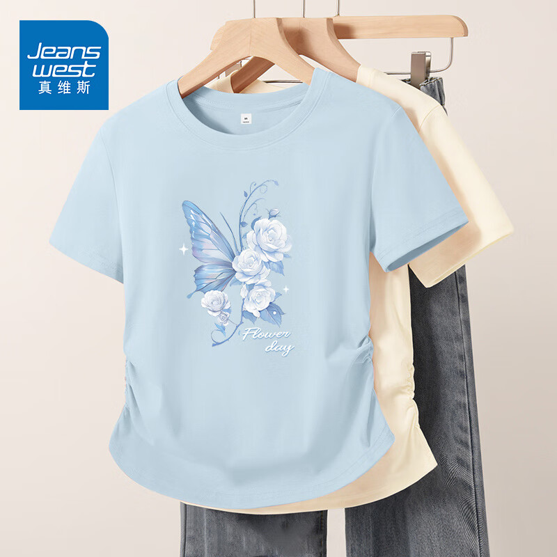 真维斯（JEANSWEST）短款短袖T恤女夏季2025新款天蓝色小个子抽皱设计感小众半袖上衣 蓝色 蓝蝶与玫瑰白 XL