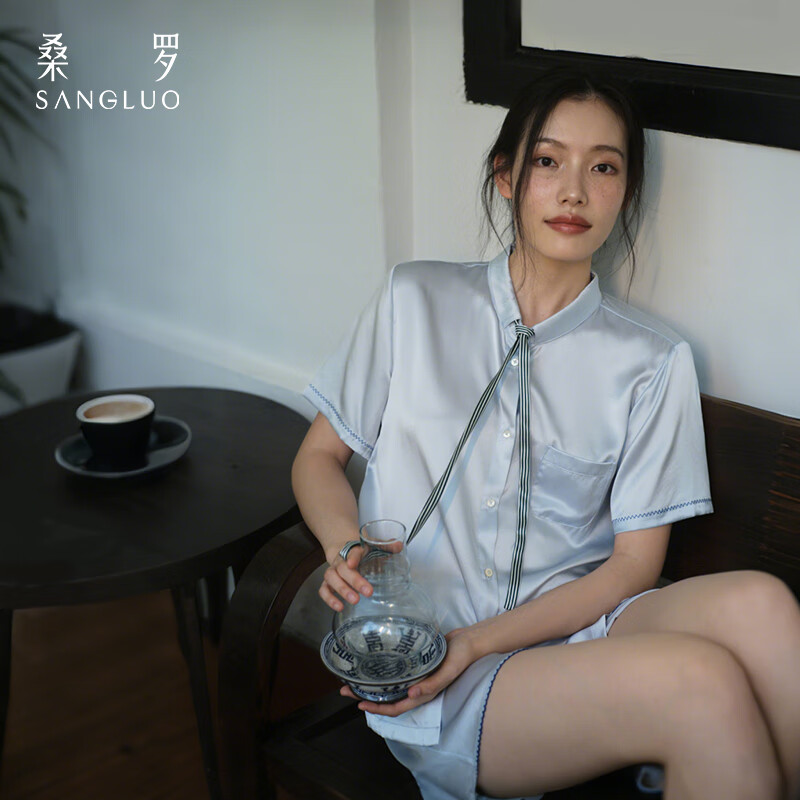 桑羅學(xué)院風(fēng)】桑羅真絲睡衣領(lǐng)帶短袖套裝女春夏新款可外穿家居服兩件套 淺藍色 M