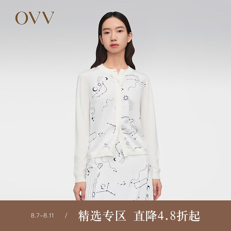 OVVOVV【星辰印花系列】2024春夏新款女装圆领长袖针织开衫外套 象牙白花纹09 XS