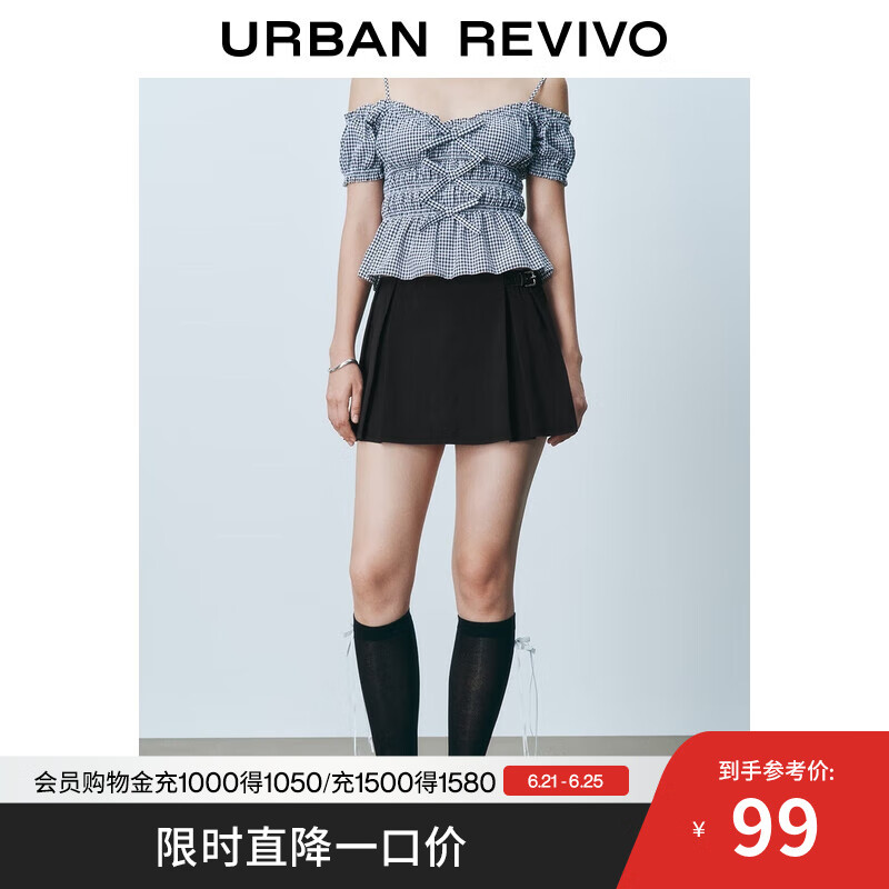 UR2025夏季新款女装时尚设计感腰带饰短款百褶半裙UYY550025 黑色 S