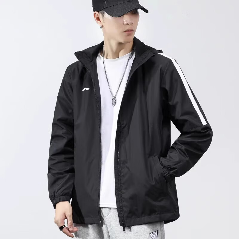 李宁风衣男2025春秋季运动开衫长袖防泼水连帽宽松运动服休闲外套卫衣 标准黑(肩杠) L