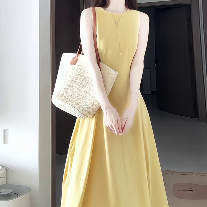 GARNUO黄色无袖背心连衣裙子女夏季2026新款法式气质高级感收腰显瘦长裙 黄色【无袖长款】 M 【101-110斤】