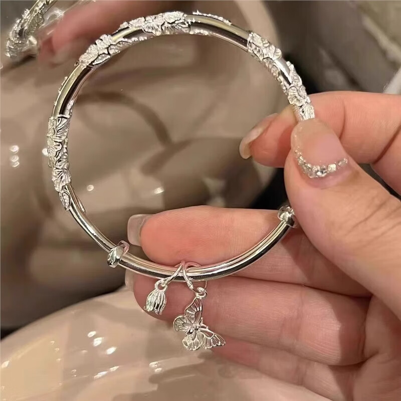 老凰祥繁花似锦银手镯女纯银9999足银实心镯子小众送女友生日礼物 25克 繁花似锦+蝴蝶花蕊 【送证