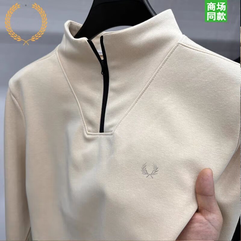 Fred Perry奥莱折扣麦穗男装长袖T恤秋季新款中年时尚休闲拉链领体恤衫 杏色/刺绣胸标 XL 建议110-130斤