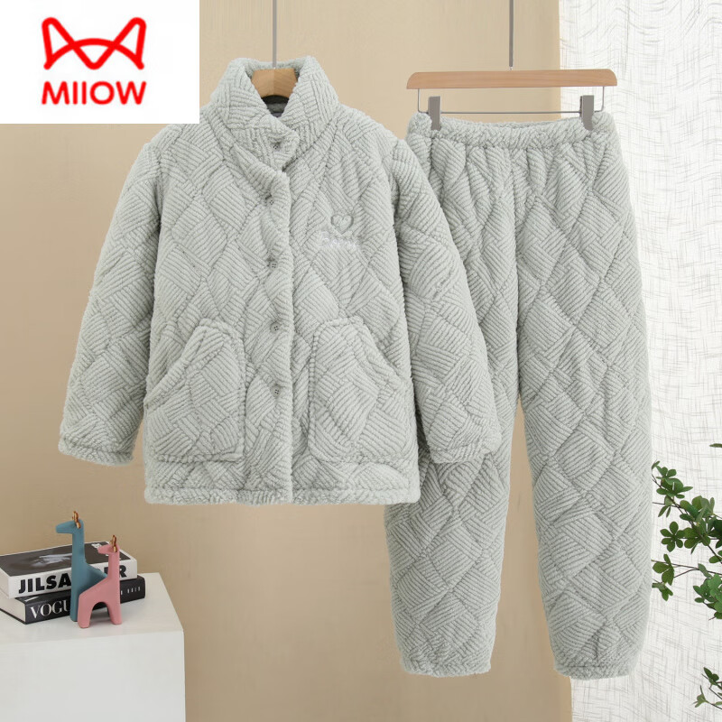 猫人(MiiOW)睡衣女秋冬季加厚加绒珊瑚绒夹棉三层保暖可外穿法兰绒家居服套装 一套过冬 杏仁黄纽扣 L 女适合80-105斤左右