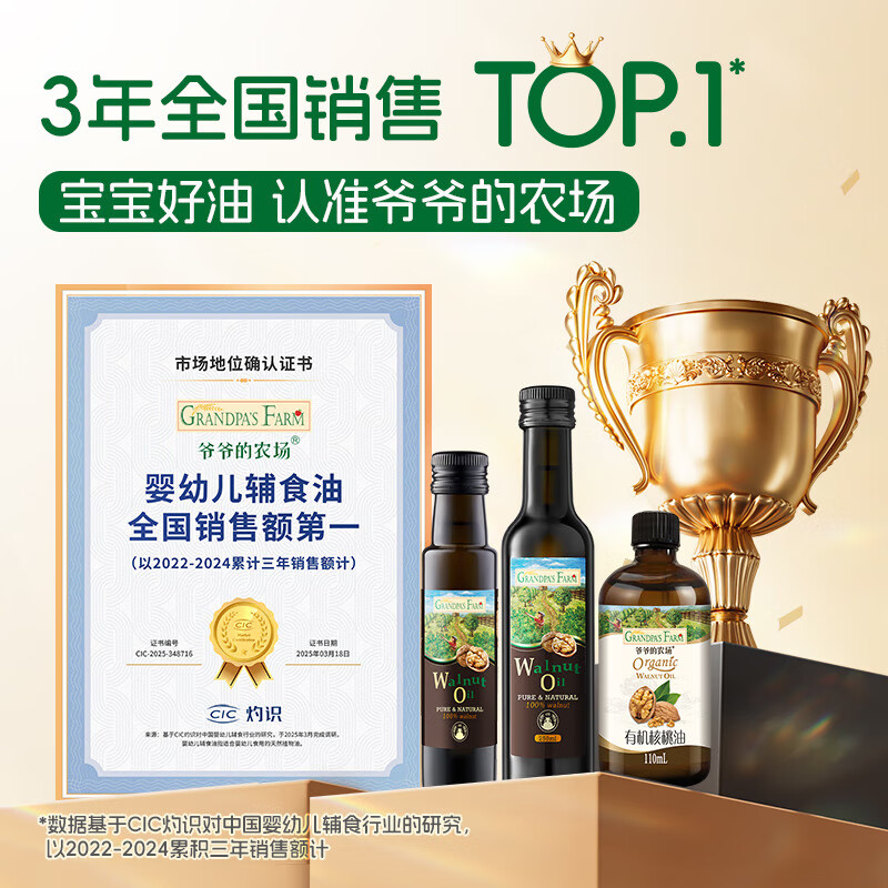 爷爷的农场有机核桃油250ML宝宝辅食油牛油果橄榄油冷榨热炒凉拌儿童食用油 进口核桃油250ml