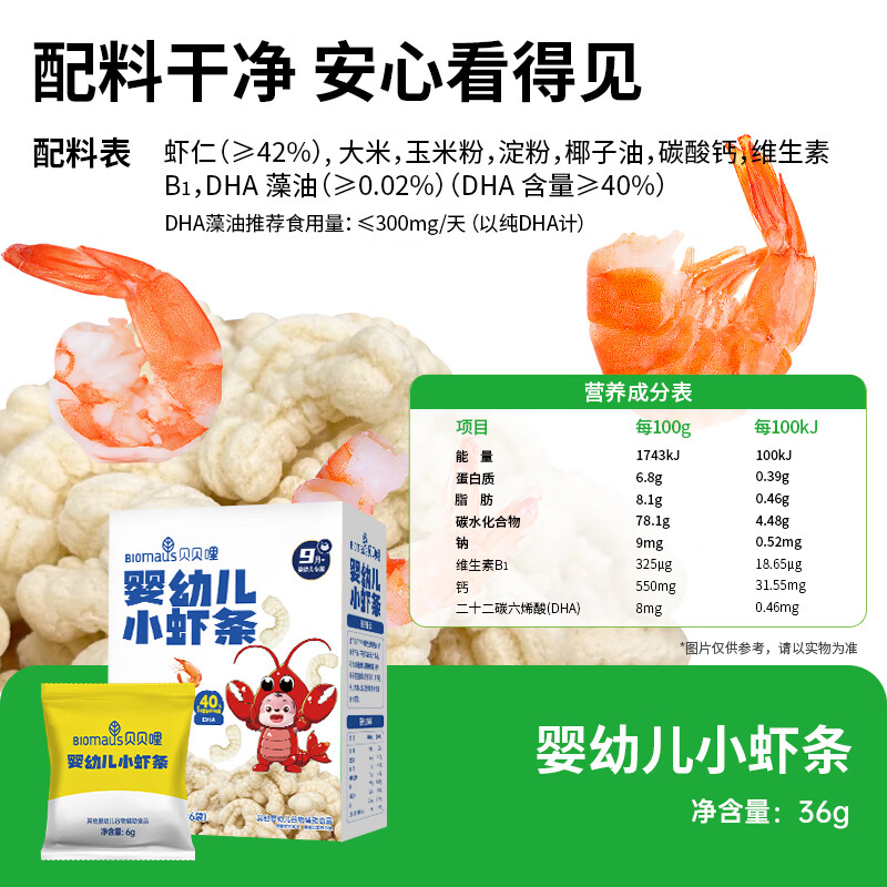 贝贝哩虾条宝宝零食鳕鱼圈手指泡芙条儿童虾条饼干磨牙棒零食独立小包装 【婴标初享】婴幼儿小虾条36g