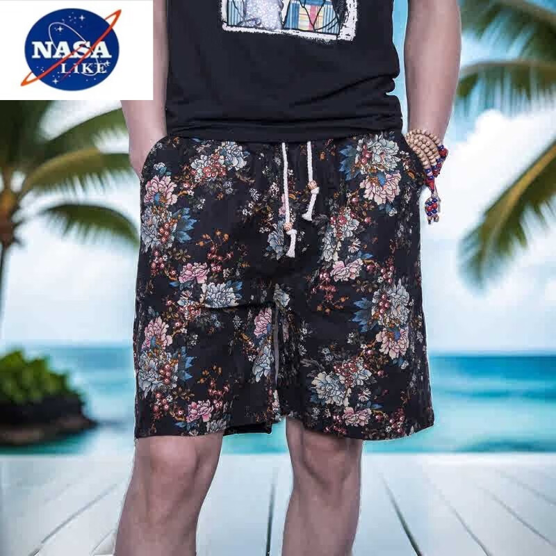 NASALIKE品牌沙灘褲男夏季棉麻短褲速干網(wǎng)紅五分褲休閑寬松大碼印花大褲衩 棉麻#B XL -120