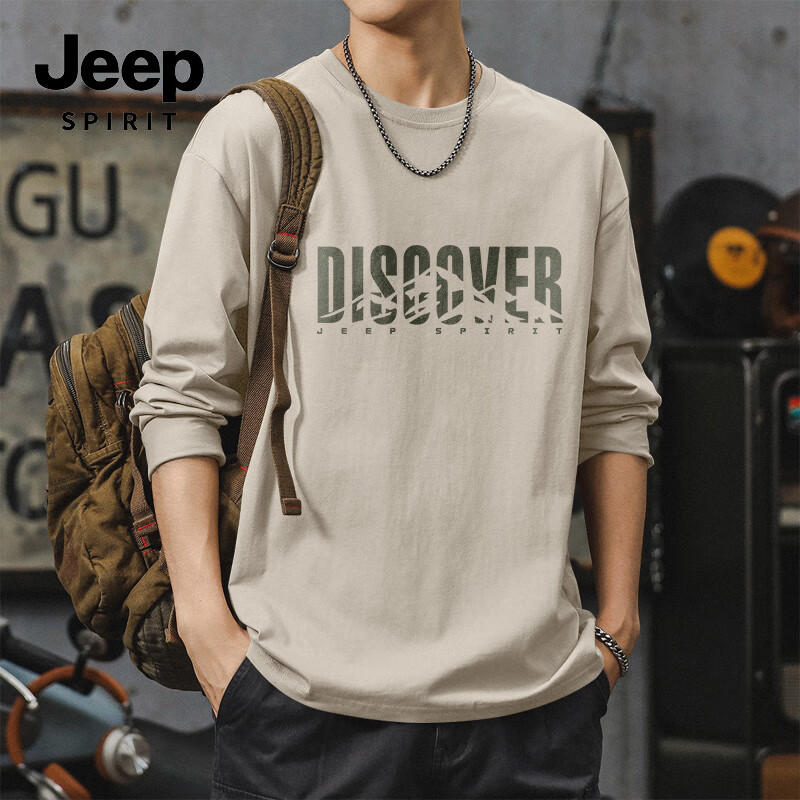 JEEP SPIRIT吉普长袖t恤男秋季美式潮牌设计感圆领上衣服重磅纯棉休闲打底衫