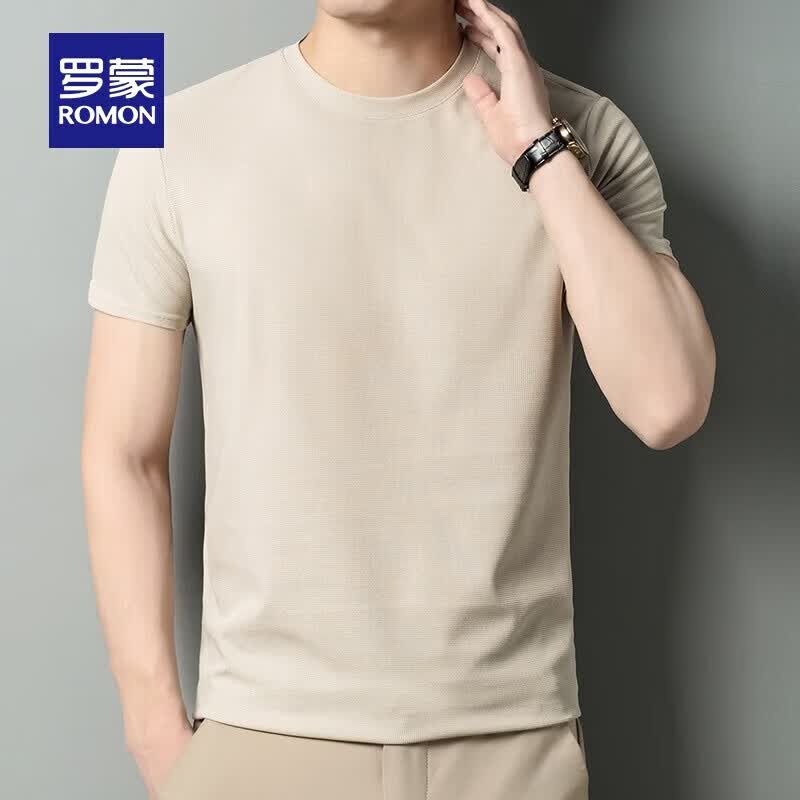 罗蒙(ROMON)华夫格短袖t恤男圆领夏季新款中青年时尚休闲冰丝凉感T恤衫上衣 米驼 M 165 (适合90-100斤)