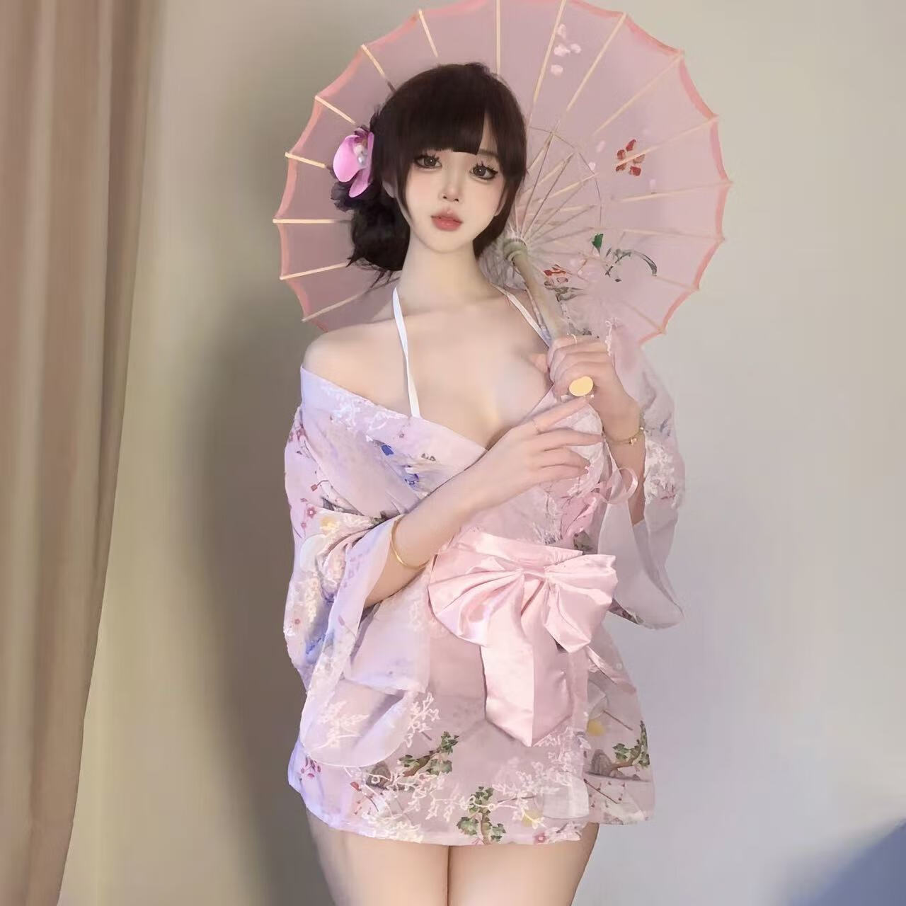 情趣内衣V领日系和服性感约会战袍新款绑带睡袍浴袍睡衣女家居服 粉花和服 均码